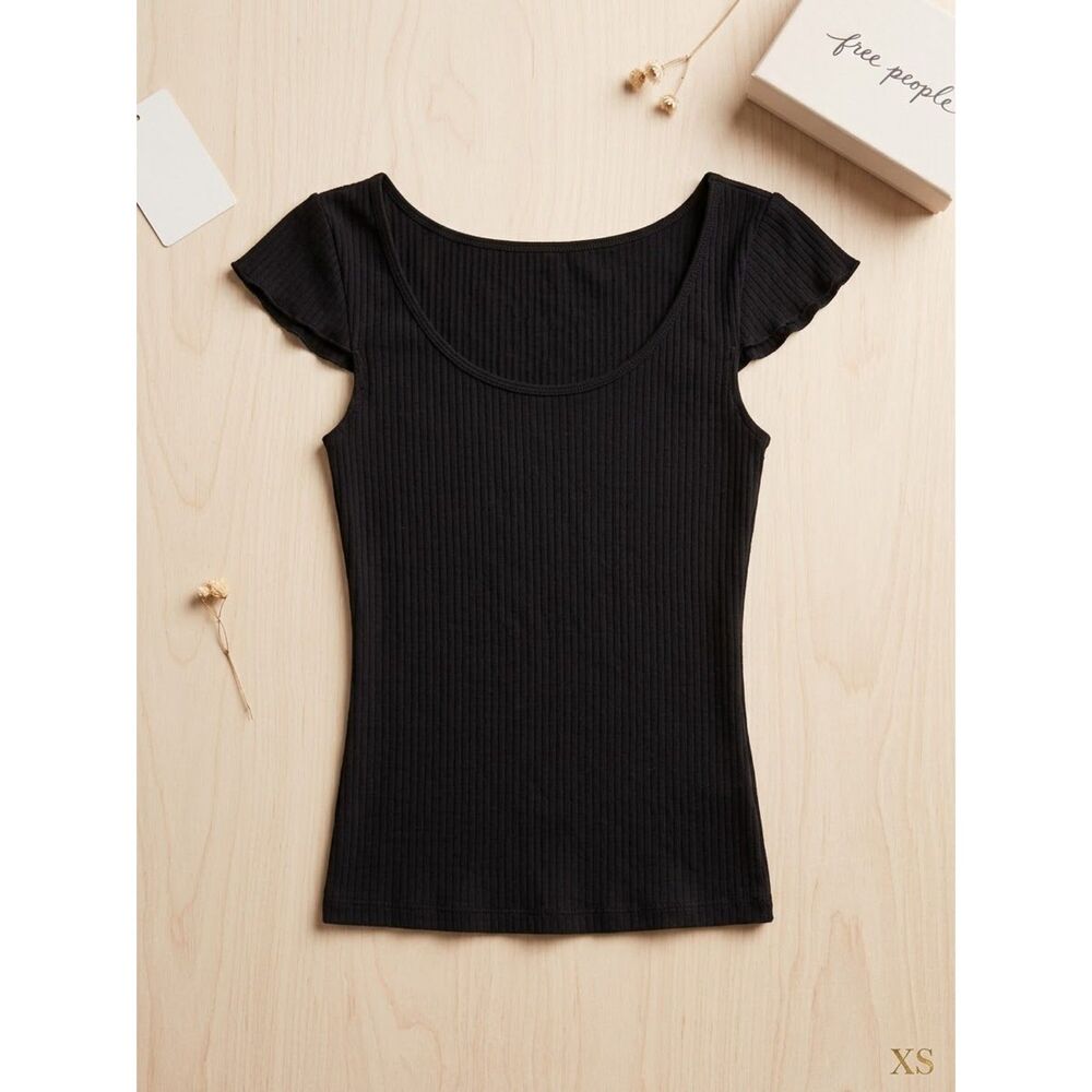 Free People Black Ribbed Short Sleeve Top Size XS NWOT